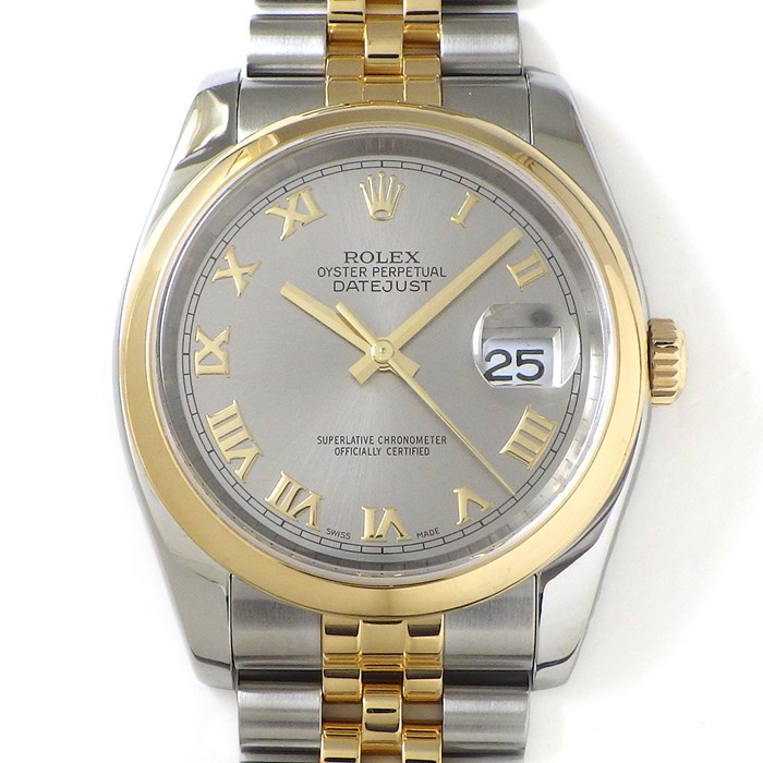 ロレックス Rolex 腕時計 デイトジャスト 36mm 116203 F番 2003-2004年製 ローマンインデックス サンレイ グレー文字盤 ジュビリーブレス K18YG SS 自動巻き 【箱・保付き】 【中古】