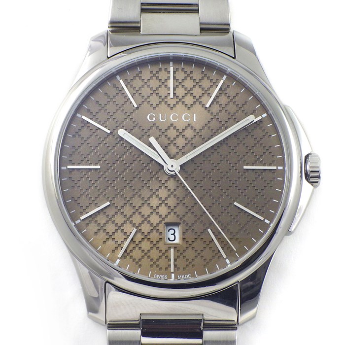 グッチ GUCCI 腕時計 Gタイムレス 126.3 YA126317 デイト メッシュ ギョーシェ サンレイ ブラウン文字盤 SS クオーツアナログ 【箱・保付き】 【中古】