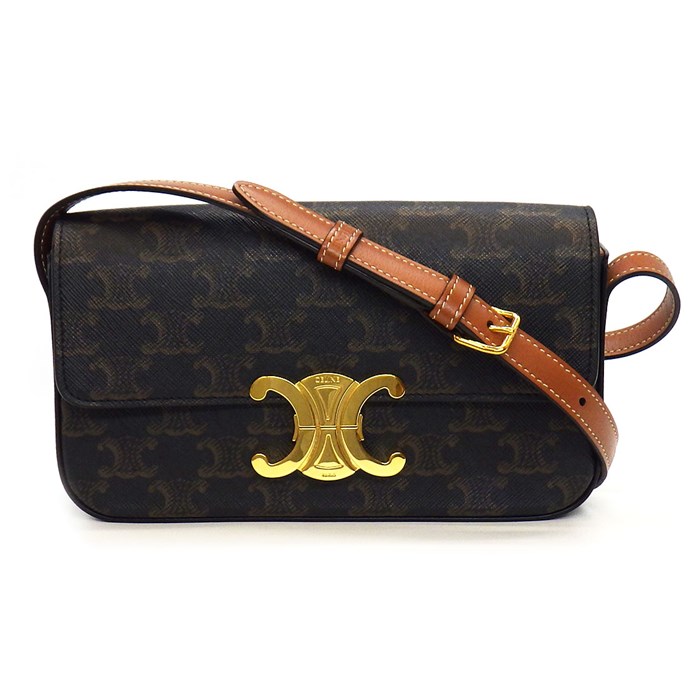 セリーヌ CELINE ショルダーバッグ トリオンフ クロード 194142CUZ タン トリオンフキャンバス カーフスキン ゴールド金具 【中古】