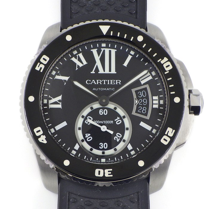 カルティエ Cartier 腕時計 ガリブル ダイバー W7100056 デイト スモールセコンド 回転ベゼル 夜光インデックス 夜光針 ブラック文字盤 SS ブラック ラバーベルト 自動巻き 【中古】