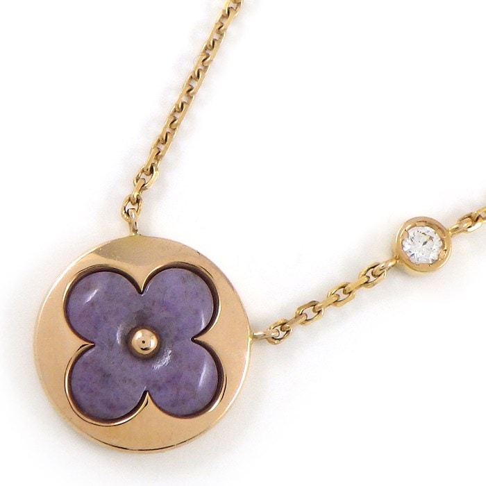 ルイ・ヴィトン LOUIS VUITTON ネックレス パンダンティフ モノグラム サン ナクレ フラワー ラウンド 1ポイント ダイヤモンド パープル ジェイド K18PG 【中古】