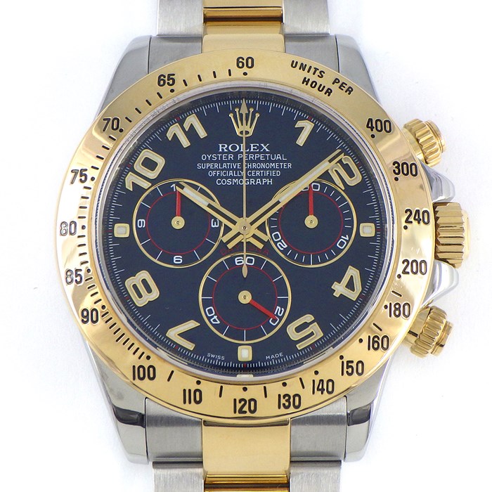 ロレックス Rolex 腕時計 コスモグラフ デイトナ 40mm 116523 G番 2010年 ルーレット刻印 クロノグラフ タキメーター スモールセコンド 裏スケ 夜光インデックス 夜光針 ネイビー文字盤 K18YG SS 自動巻き 【箱・保付き】 【中古】