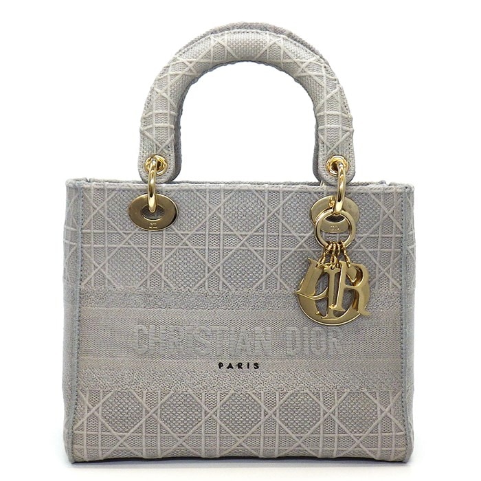 ディオール Dior ハンドバッグ ショルダーバッグ レディディライト ミディアム M0565OREY_M950 グレー カナージュ エンブロイダリー ゴールド金具 【中古】