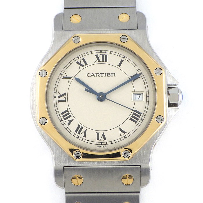 カルティエ Cartier 腕時計 サントス オクタゴン LM 187902 デイト ローマンインデックス アイボリー文字盤 K18YG SS クオーツアナログ 【中古】
