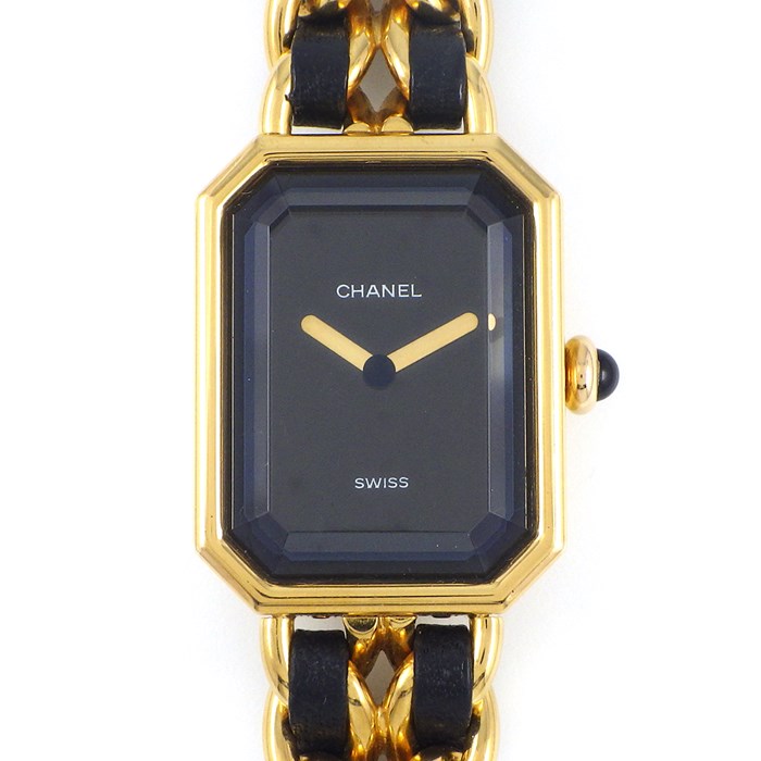 シャネル CHANEL 腕時計 プルミエール L H0001 オクタゴナル ブラック文字盤 チェーンブレス GP レザー クオーツアナログ 【中古】