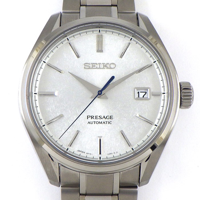 セイコー SEIKO 腕時計 プレサージュ SARX055/6R15-04A0 デイト 裏スケ 和紙模様 シルバー文字盤 チタン 自動巻き 【中古】