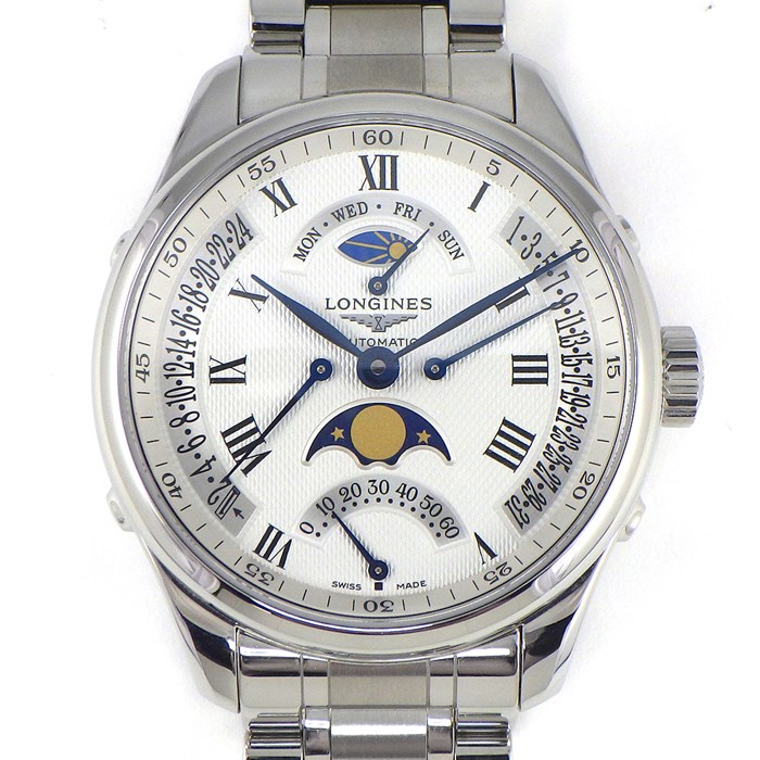 ロンジン Longines 腕時計 マスターコレクション レトログラード ムーンフェイズ L2.738.4.71.6 デイデイト デイナイト表示 スモールセコンド デュアルタイム表示 裏スケ ギョーシェ バーリーコーン シルバー文字盤 SS 自動巻き 【箱・保付き】 【中古】
