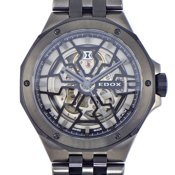 エドックス EDOX 腕時計 デルフィン オリジナル メカノ オートマティック 85303-357GNM-NGN スケルトン文字盤 ブラック/グレーPVD (SS) 裏スケ SS 黒 自動巻き 【箱・保付き】 【中古】