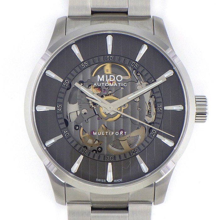ミドー MIDO 腕時計 マルチフォート スケルトン ヴァーティゴ M038.436.11.061.00 夜光インデックス 夜光針 裏スケ ギョーシェ ストライプ グレー スケルトン文字盤 SS 自動巻き 【箱・保付き】 【中古】