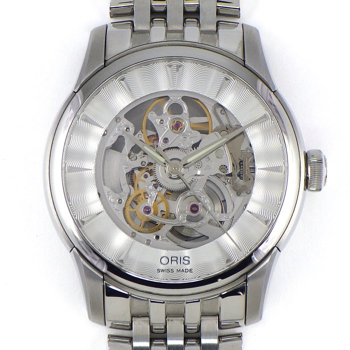 オリス ORIS 腕時計 アートリエ スケルトン 01 734 7670 4051-07 8 21 77 裏スケ 夜光針 グレー ギョーシェ スケルトン文字盤 SS 自動巻き 【箱・保付き】 【中古】