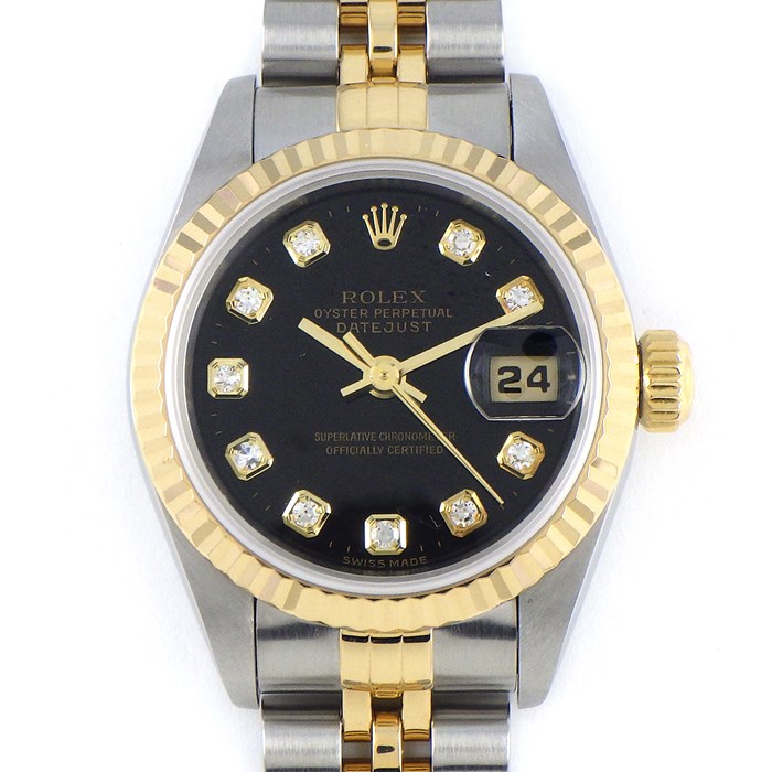 ロレックス Rolex 腕時計 デイトジャスト 69173G U番 1997年製 10ポイント ダイヤインデックス ブラック文字盤 フルーテッドベゼル ジュビリーブレス K18YG SS 自動巻き 【中古】