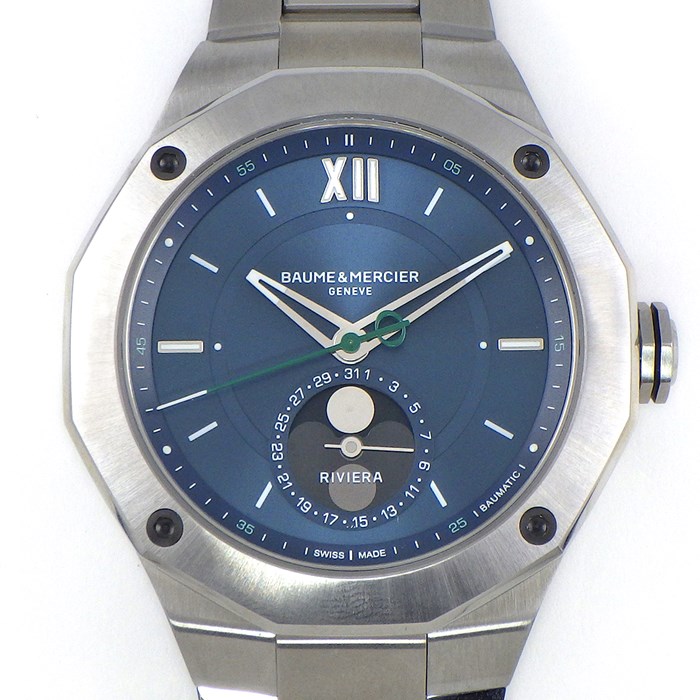 ボーム&メルシエ BAUME＆MERCIER 腕時計 リビエラ 10682 M0A10682 ムーンフェイズ デイト サンレイ ブルー文字盤 SS ボーマティック 自動巻き 【箱・保付き】 【中古】