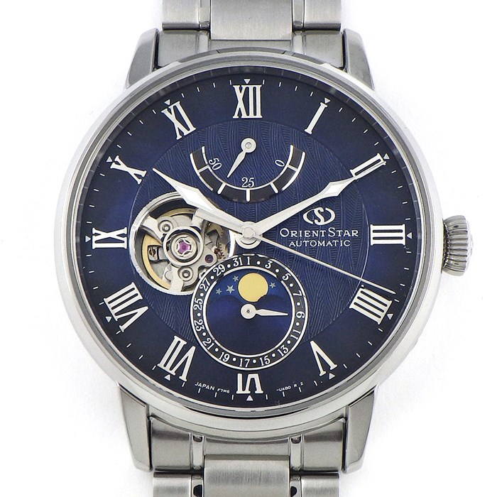 オリエントスター ORIENT STAR 腕時計 メカニカルムーンフェイズ 41mm RK-AY0103L/F7M6-UAB0 デイト ムーンフェイズ パワーリザーブ表示 ブルー ギョーシェ スケルトン文字盤 SS 自動巻き 【箱・保付き】 【中古】