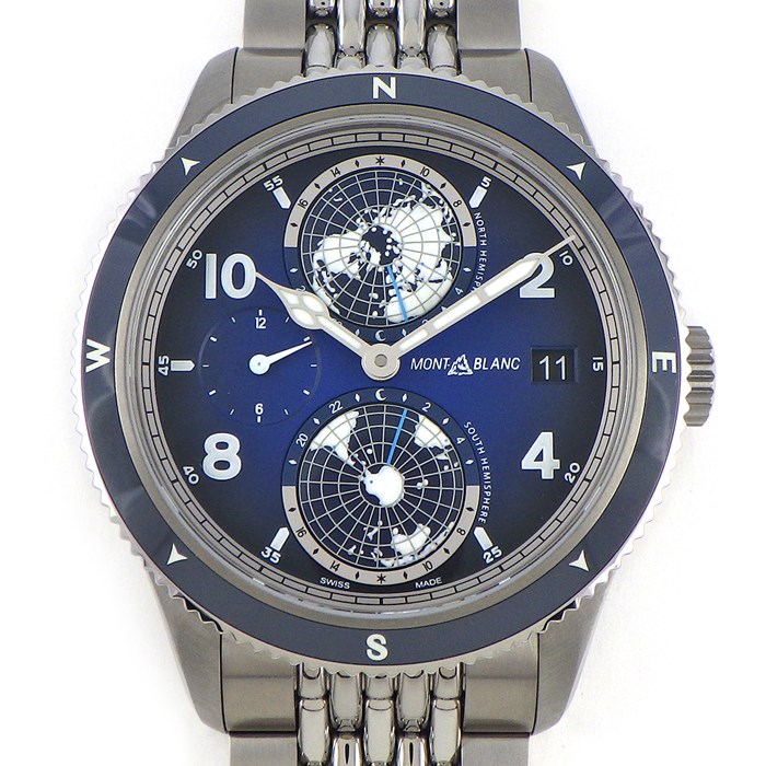 モンブラン Montblanc 腕時計 1858 ジオスフェール MB125567 デイト GMT デイ&ナイト表示 回転ベゼル グラデーション ブルー文字盤 チタン セラミック SS 自動巻き 【箱・保付き】 【中古】