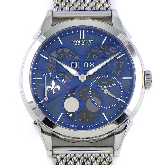 ペキニエ マニュファクチュール PEQUIGNET MANUFACTURE 腕時計 ロワイヤル サフィール 9010883 デイデイト ムーンフェイズ スモールセコンド パワーリザーブ表示 ブルー文字盤 SS 自動巻き 【箱・保付き】 【中古】