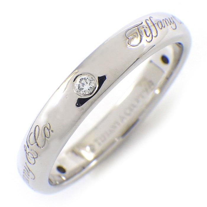 ティファニー Tiffany & Co. リング バンド シグネチャー ロゴ 3ポイント ダイヤモンド PT950 9号 【中古】