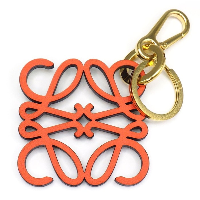 ロエベ LOEWE キーリング キーホルダー アナグラムチャーム C821232X06 ロゴ GP オレンジ カーフスキン 革 【中古】