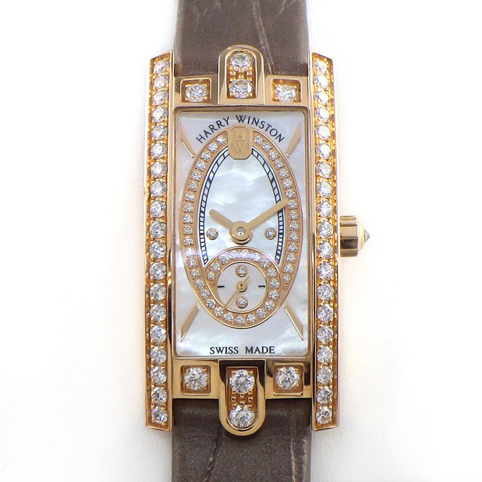 ハリーウィンストン HARRY WINSTON 腕時計 アヴェニューC ミニ・スモールセコンド AVCQSS16RR001 ダイヤ付ベゼル/リューズ/尾錠/ホワイトシェル文字盤 K18PG ブラウンパール アリゲーター レザーベルト クオーツアナログ 【箱・保付き】 【中古】