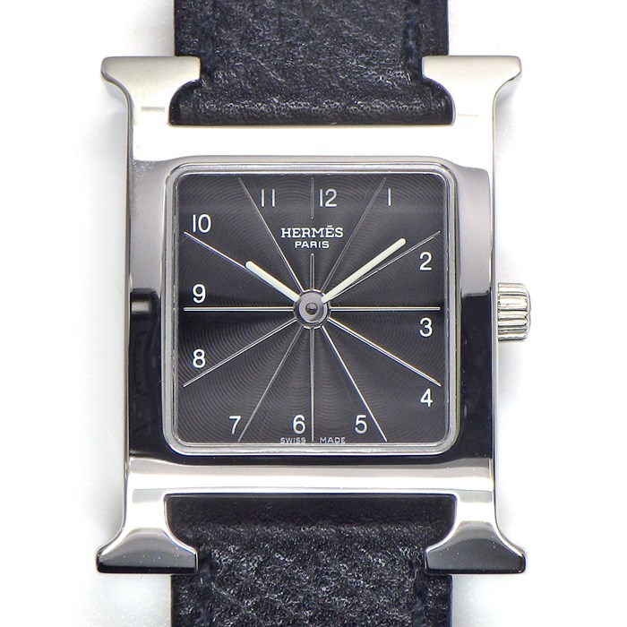 エルメス HERMES 腕時計 Hウォッチ HH1.210 スクエア ギョーシェ ブラック文字盤 SS ブラック アリゲーター レザーベルト クオーツアナログ 【中古】