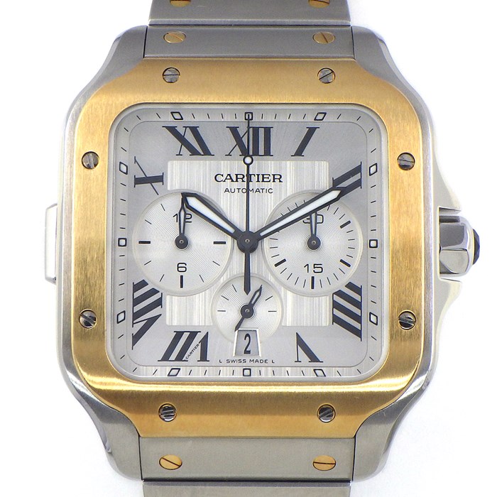 カルティエ Cartier 腕時計 サントス クロノグラフ XL W2SA0008 デイト スモールセコンド 夜光インデックス 夜光針 スクエア シルバー文字盤 K18YG SS 自動巻き 【箱・保付き】 【中古】 カルティエ Cartier 腕時計 サントス クロノグラフ XL W2SA0008 デイト