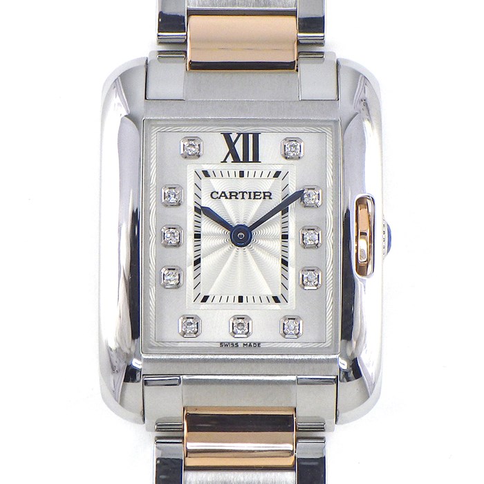 カルティエ Cartier 腕時計 タンク アングレーズ SM WT100024 11ポイント ダイヤインデックス レクタンギュラー ギョーシェ シルバー文字盤 K18PG SS クオーツアナログ 【中古】