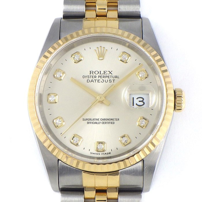 ロレックス Rolex 腕時計 デイトジャスト 36mm 16233G 10ポイント ダイヤインデックス サンレイ シルバー文字盤 フルーテッドベゼル ジュビリーブレス K18YG SS 自動巻き 【中古】