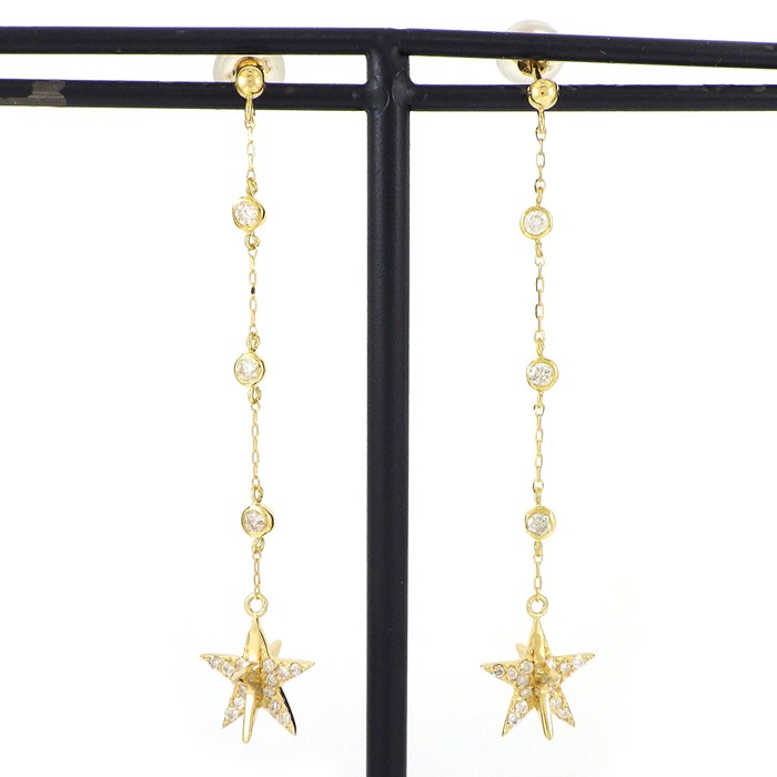 【ダイヤモンド】 ピアス スウィング ドロップ スター ダイヤモンド 0.14ct / 0.14ct K18YG 【中古】