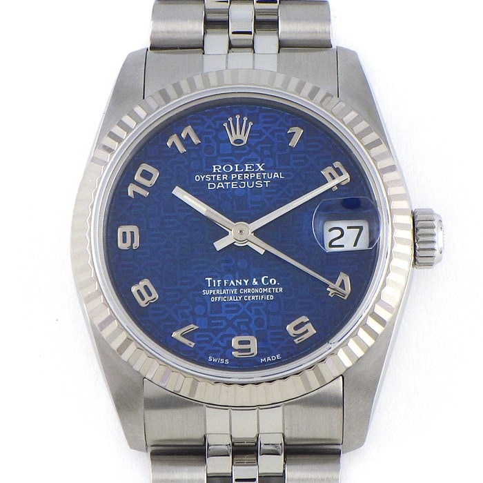 ロレックス Rolex 腕時計 デイトジャスト 30 68274 (10459451) TIFFANY & CO. ティファニー ダブルネーム L番 ブルー サンレイ コンピューター文字盤 K18WG SS 自動巻き 【OH済み】 【箱・保付き】 【中古】