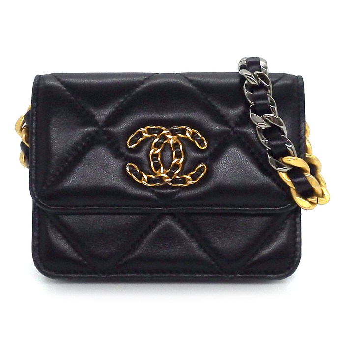 シャネル CHANEL ショルダーバッグ シャネル19 フラップ ミニ チェーンウォレット ブラック ラムスキン ゴールド/シルバー金具 【中古】