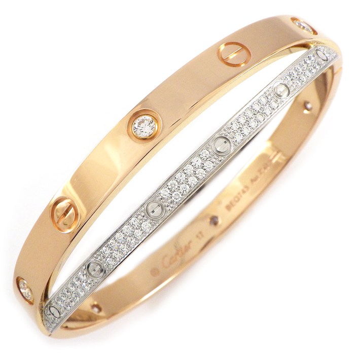 カルティエ Cartier ブレスレット ラブ 2ロウ クロス ハーフ パヴェ 6ポイント ダイヤモンド K18PG K18WG / #17 【中古】