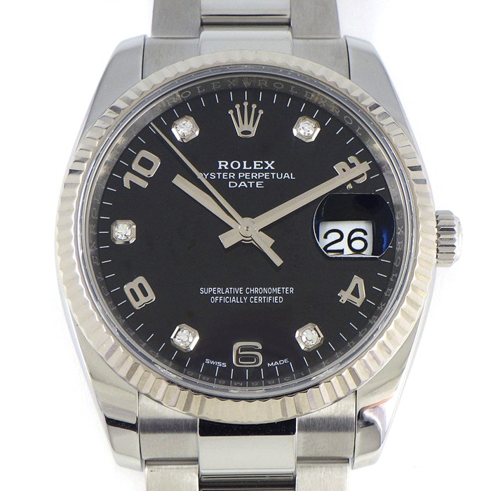 ロレックス Rolex 腕時計 オイスターパーペチュアル デイト 115234G 5ポイント ダイヤインデックス ブラック文字盤 ランダムシリアル ルーレット刻印 K18WG SS 自動巻き 【中古】