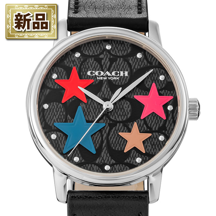 【新品】コーチ Coach 腕時計 グランド 14503847 マルチカラー スター シグネチャー Cマーク ブラック文字盤 SS ブラック レザーベルト クオーツアナログ
