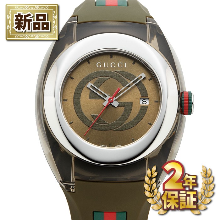 【新品・2年保証】グッチ GUCCI 腕時計 シンク YA137106 インターロッキングG サンレイ カーキ文字盤 デイト ラバーベルト SS クオーツアナログ 【箱・保付き】