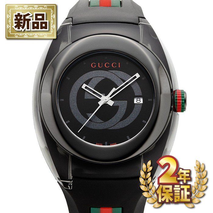 【新品・2年保証】グッチ GUCCI 腕時計 シンク YA137107A インターロッキングG オールブラック文字盤 デイト ラバーベルト SS クオーツアナログ 【箱・保付き】