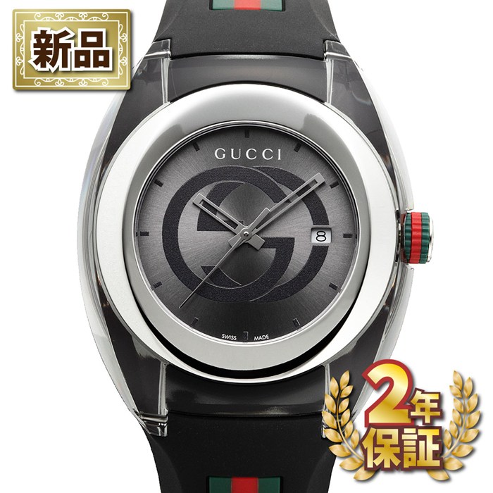 【新品・2年保証】グッチ GUCCI 腕時計 シンク YA137116 インターロッキングG サンレイ シルバー文字盤 デイト ブラック ラバーベルト SS クオーツアナログ 【箱・保付き】