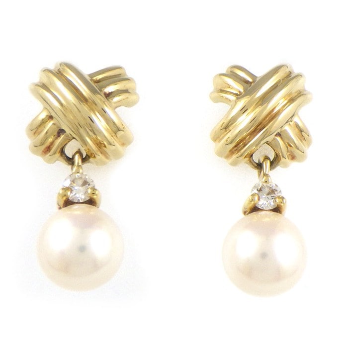  ティファニー Tiffany & Co. ピアス シグネチャー クロス パール 6.5mm珠 ダイヤモンド K18YG 【中古】