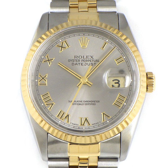 ロレックス Rolex 腕時計 デイトジャスト 16233 W番 1994-1995年製 ローマンインデックス サンレイ シルバー文字盤 フルーテッドベゼル ジュビリーブレス K18YG SS 自動巻き 【中古】