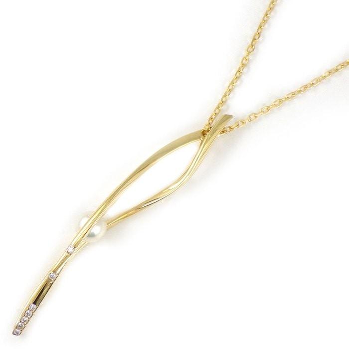 ミキモト MIKIMOTO ネックレス ウェーブ ダイヤモンド あこやパール 5.5mm珠 K18YG 【中古】