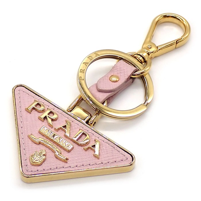 プラダ PRADA キーリング キーホルダー トライアングルロゴ ペールピンク サフィアーノレザー 牛革 メタル 【中古】