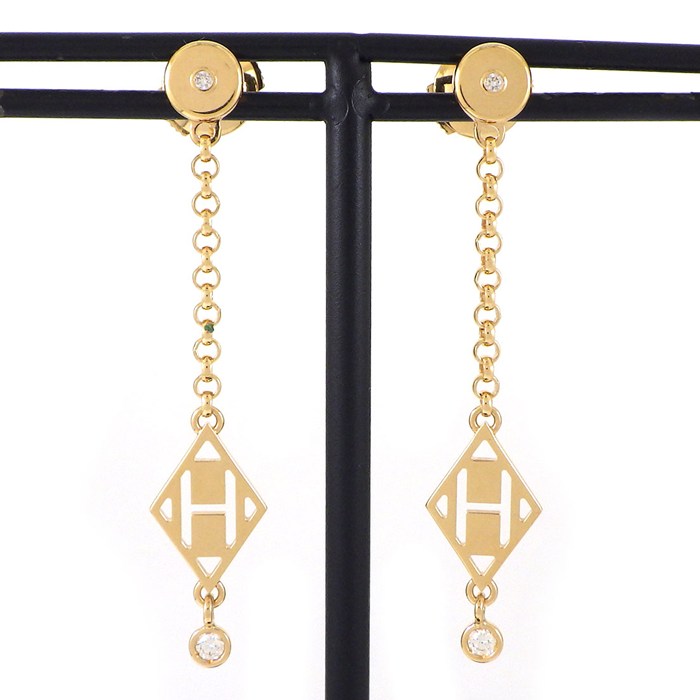 エルメス HERMES ピアス ガンバード Hロゴ チェーン スウィング ドロップ 4ポイント ダイヤモンド K18PG 【中古】