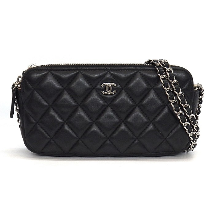 シャネル CHANEL チェーンウォレット A82527 ダブルファスナー ココマーク マトラッセ ブラック ラムスキン シルバー金具 【中古】