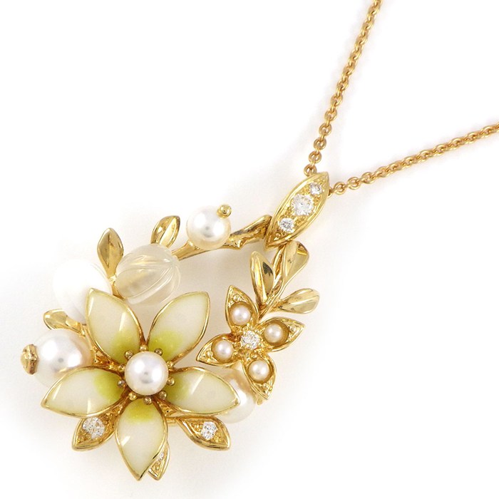  ミキモト MIKIMOTO ネックレス フラワー パール 3.5-5.0mm珠 ダイヤモンド K18YG エナメル 【中古】