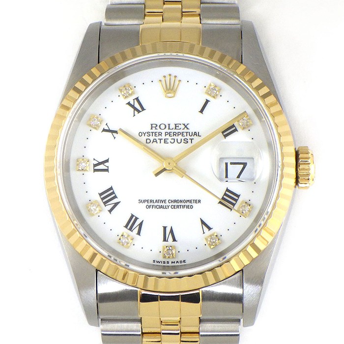ロレックス Rolex 腕時計 デイトジャスト 16233G T番 1996年 10ポイント ダイヤ付き ローマンインデックス ホワイト文字盤 フルーテッドベゼル ジュビリーブレス K18YG SS 自動巻き 【箱・保付き】 【中古】