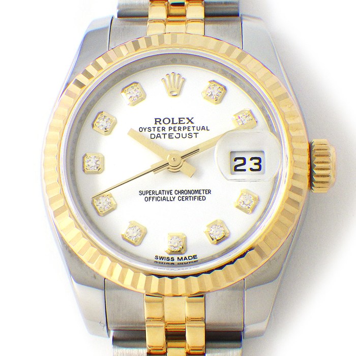 ロレックス Rolex 腕時計 デイトジャスト 179173G 10ポイント ダイヤインデックス ホワイト文字盤 ルーレット刻印 ランダムシリアル デイト K18YG SS 自動巻き 【箱・保付き】 【中古】
