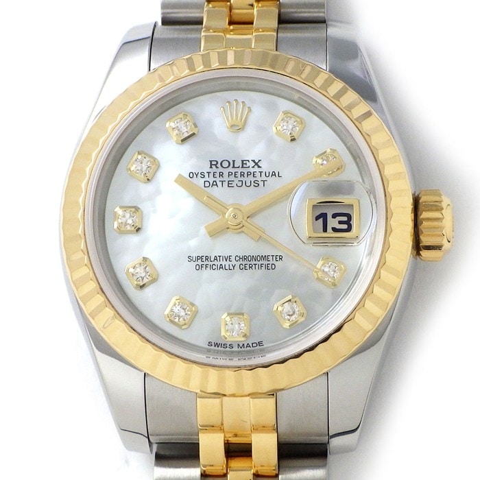 ロレックス Rolex 腕時計 デイトジャスト 179173G 10ポイント ダイヤインデックス ホワイトシェル文字盤 ランダムシリアル ルーレット刻印 デイト K18YG SS 自動巻き 【中古】