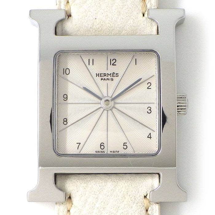 エルメス HERMES 腕時計 Hウォッチ HH1.210 スクエア シルバーギョーシェ文字盤 ホワイト 革ベルト SS クオーツアナログ 【箱・保付き】 【中古】