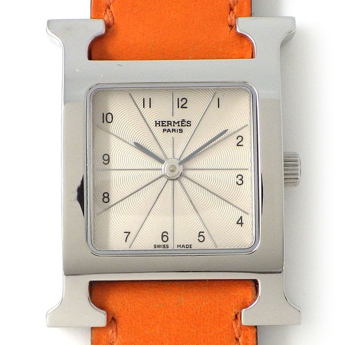 エルメス HERMES 腕時計 Hウォッチ HH1.210 スクエア シルバーギョーシェ文字盤 オレンジ 革ベルト SS クオーツアナログ 【箱・保付き】 【中古】