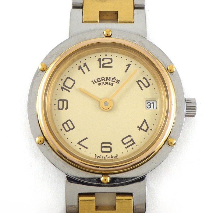 エルメス HERMES 腕時計 クリッパー CL3.240 デイト アイボリー文字盤 GP SS クオーツアナログ 【中古】
