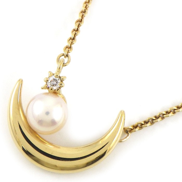 ミキモト MIKIMOTO ネックレス ムーン モチーフ パール 5.5mm珠 ダイヤモンド K18YG 【中古】