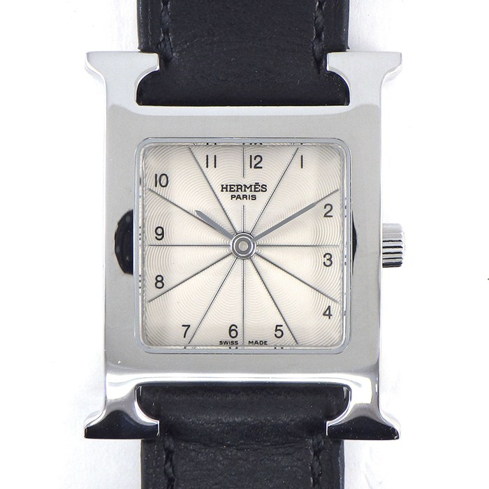 エルメス HERMES 腕時計 Hウォッチ ドゥブルトゥール HH1.210 スクエア シルバー ヴァーグ ギョーシェ文字盤 SS ブラック レザーベルト クオーツアナログ 【中古】